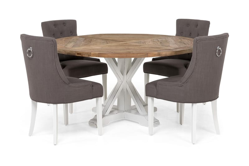 Lyon rund spisegruppe Ø150 cm med 4 Viktoria stole, Vintage Natur/Hvid/Grå