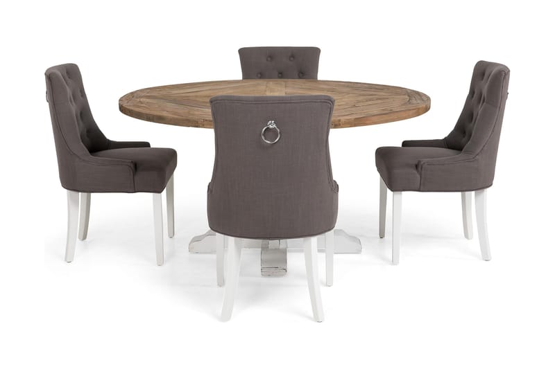 Lyon rund spisegruppe Ø150 cm med 4 Viktoria stole - Vintage Natur/Hvid/Grå - Møbler - Borde - Spisebordssæt