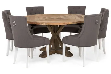 Lyon rund spisegruppe Ø150 cm med 6 Viktoria stole - Vintage Elm/Grå/Hvid - Møbler - Borde - Spisebordssæt