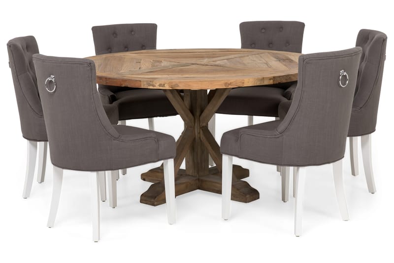 Lyon rund spisegruppe Ø150 cm med 6 Viktoria stole, Vintage Elm/Grå/Hvid