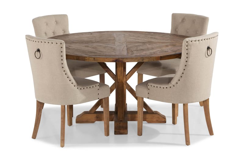 Lyon Rundt Spisebordssæt Ø150 cm med 4 stk. Viktoria Stole, Vintage Elm / Beige