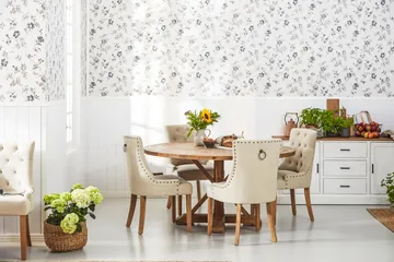 Lyon Rundt Spisebordssæt Ø150 cm med 4 stk. Viktoria Stole - Vintage Elm / Beige - Møbler - Borde - Spisebordssæt