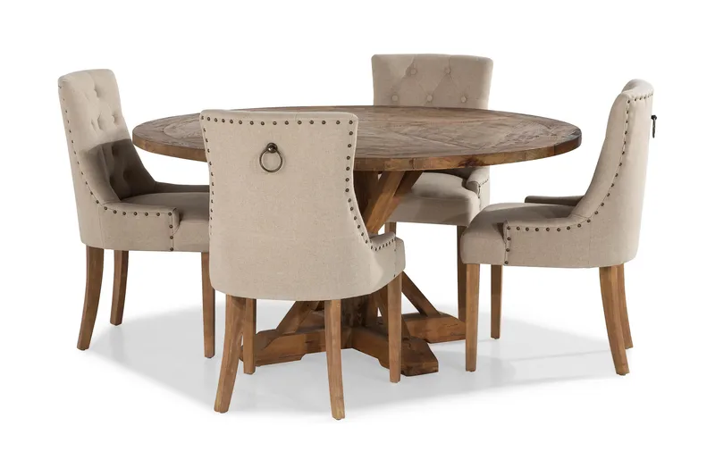 Lyon Rundt Spisebordssæt Ø150 cm med 4 stk. Viktoria Stole - Vintage Elm / Beige - Møbler - Borde - Spisebordssæt