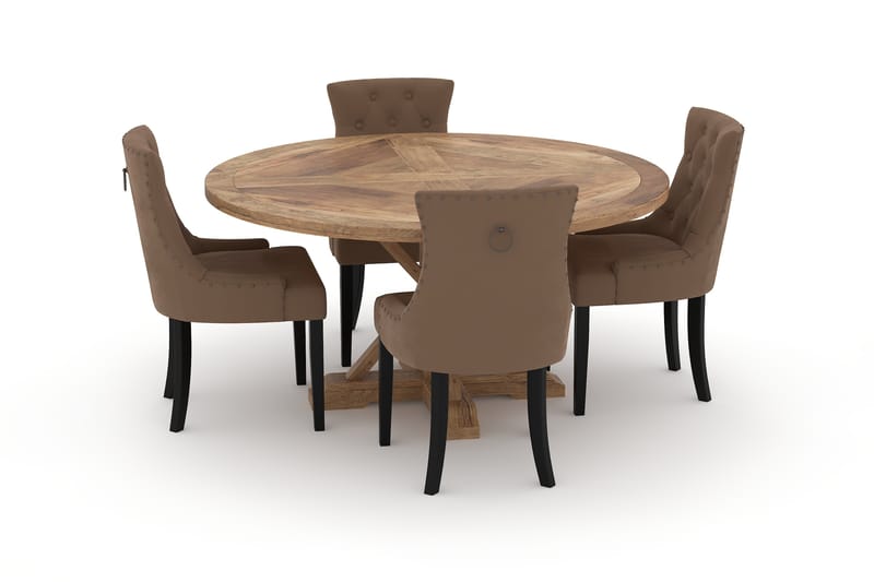 Lyon Spisebord 150 cm Rundt med 4st Viktoria Spisebordsstol - Brun - Spisebordssæt