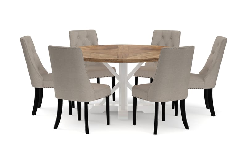 Lyon Spisebord 150 cm Rundt med 6st Averyn Spisebordsstole - Natur/Hvid - Spisebordssæt