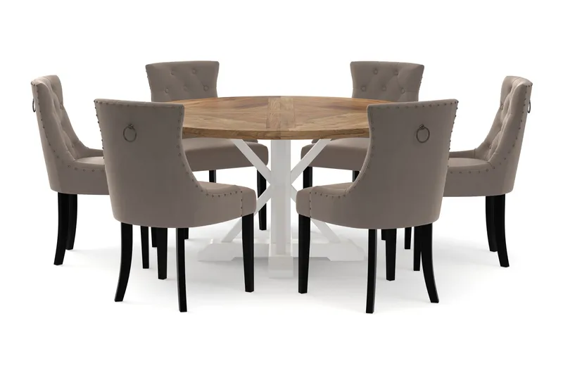Lyon Spisebord 150 cm Rundt med 6st Viktoria Spisebordsstol, Natur/Hvid