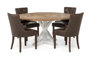Lyon Spisebordssæt Ø150 cm Rund med 4 stk Tuva Stole - Vintage Natur/Hvid/Brun - Møbler - Borde - Spisebordssæt