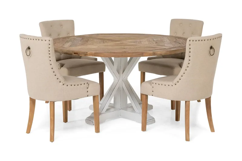 Lyon Spisebordssæt Ø150 cm Rund med 4 stk Viktoria Stole, Vintage Natur/Hvid/Beige