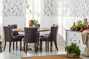 Lyon Spisebordssæt Ø150 cm Rund med 6 stk Tuva Stole - Vintage Natur/Hvid/Brun - Møbler - Borde - Spisebordssæt