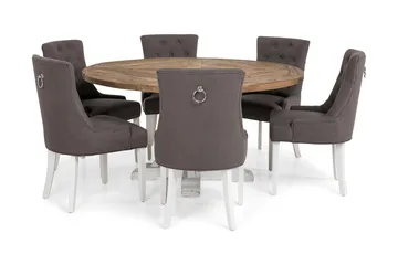 Lyon Spisebordssæt Ø150 cm Rund med 6 stk Viktoria Stole - Vintage Natur/Hvid/Grå - Møbler - Borde - Spisebordssæt