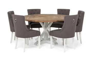 Lyon Spisebordssæt Ø150 cm Rund med 6 stk Viktoria Stole - Vintage Natur/Hvid/Grå - Møbler - Borde - Spisebordssæt