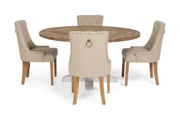 Lyon Spisebordssæt Ø150 cm Rundt med 4 stk. Viktoria Stole - Vintage Natur/Hvid/Beige - Møbler - Borde - Spisebordssæt