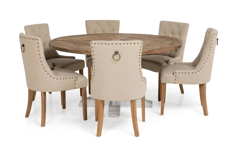 Lyon Spisebordssæt Ø150 cm Rundt med 6 stk. Viktoria Stole - Vintage Natur / Hvid / Beige - Møbler - Borde - Spisebordssæt