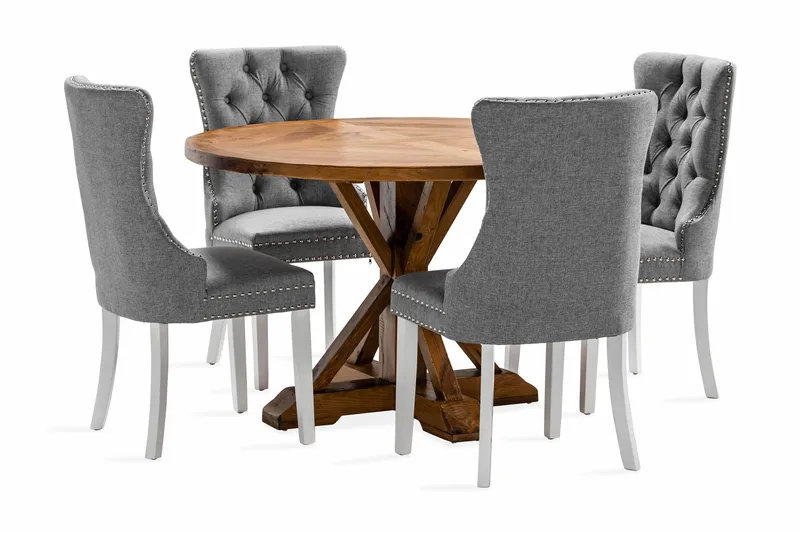 Lyon Spisebordssæt 120 cm Rundt inkl. 4 Bergviken Stole, Brun
