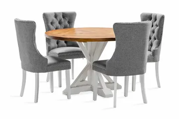 Lyon Spisebordssæt 120 cm Rundt inkl. 4 Bergviken Stole - Brun/Hvid - Møbler - Borde - Spisebordssæt