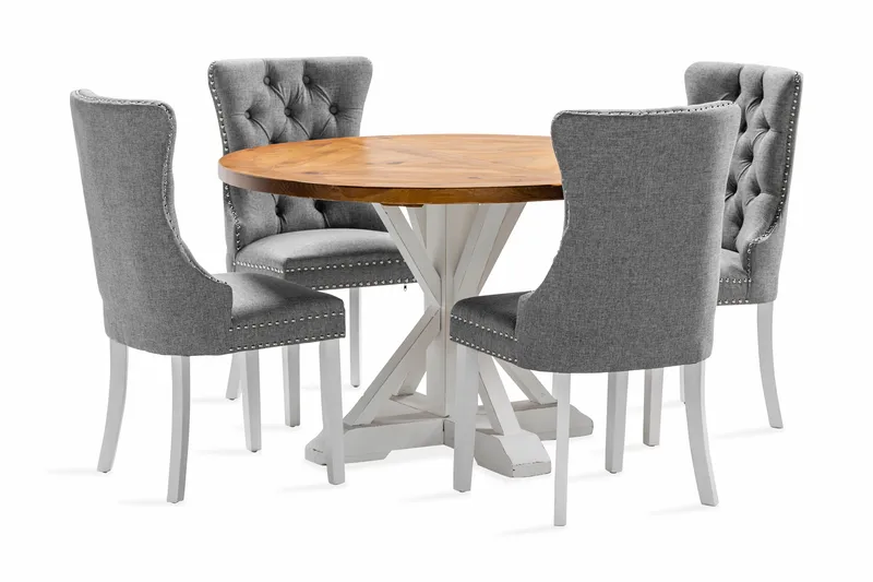 Lyon Spisebordssæt 120 cm Rundt inkl. 4 Bergviken Stole, Brun/Hvid