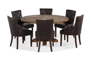 Lyon Spisebordssæt 150 cm Rundt Mørkt træ med 6 Tuva Stole - Vintage Elm / Brun PU - Møbler - Borde - Spisebordssæt