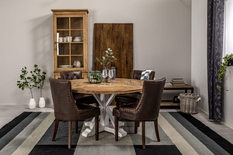 Lyon Spisebordssæt 150 cm Rundt med 4 Tuva Lænestole - Vintage Elm/Hvid/Brun PU - Møbler - Borde - Spisebordssæt