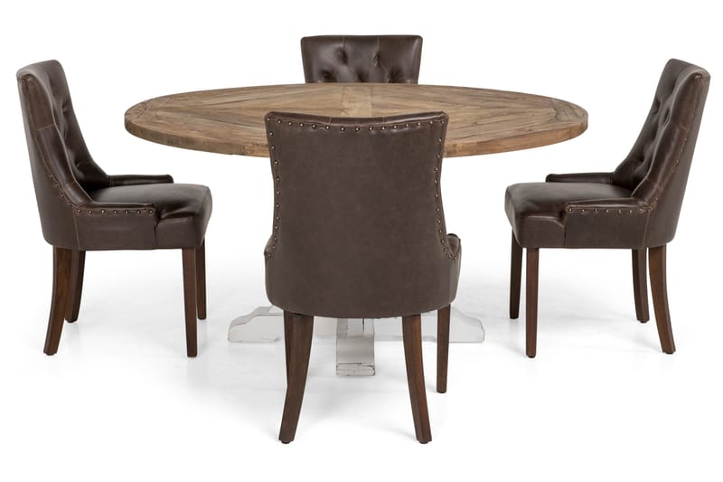 Lyon Spisebordssæt 150 cm Rundt med 4 Tuva Lænestole - Vintage Elm/Hvid/Brun PU - Møbler - Borde - Spisebordssæt