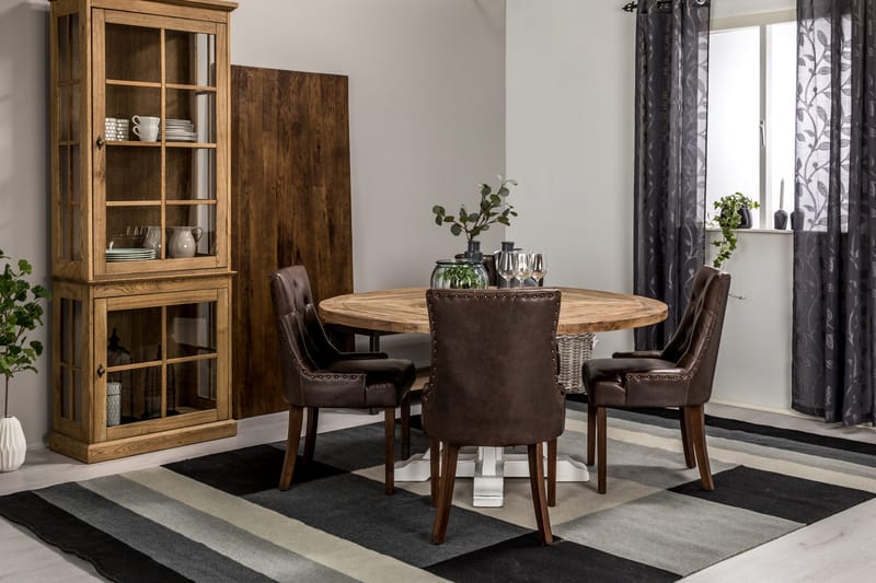 Lyon Spisebordssæt 150 cm Rundt med 4 Tuva Lænestole - Vintage Elm/Hvid/Brun PU - Møbler - Borde - Spisebordssæt