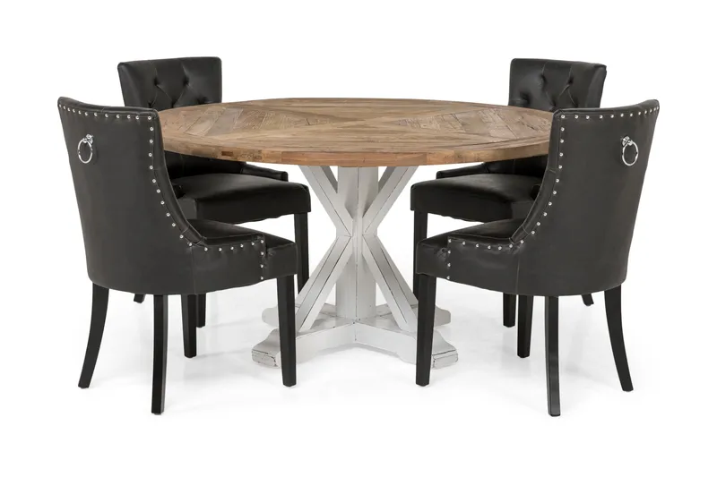 Lyon Spisebordssæt 150 cm Rundt med 4 Tuva Lænestole, Vintage Elm/Hvid/Sort PU