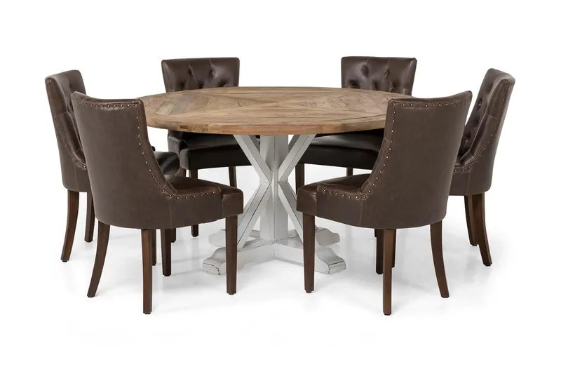Lyon Spisebordssæt 150 cm Rundt med 6 Tuva Lænestole, Vintage Elm/Hvid/Brun PU