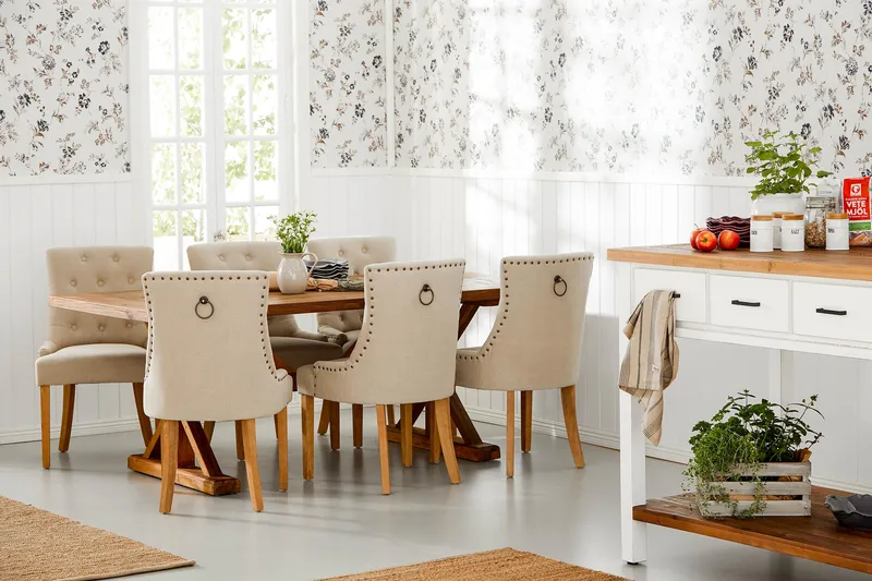 Lyon Spisebordssæt med udtræk 200 cm med 6 Viktoria Armstole - Brunt Træ / Natur Beige - Møbler - Borde - Spisebordssæt