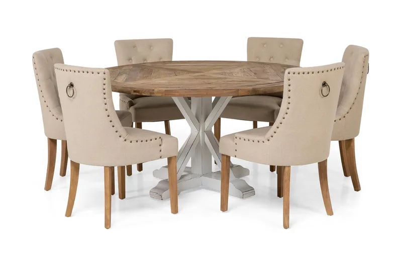 Lyon Spisegruppe Ø150 cm Rund med 6 Viktoria Stole, Vintage Natur / Hvid / Beige