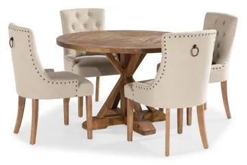 Lyon Spisegruppe 120 cm Rundt spisebord i Træ med 4 Viktoria Stole - Træ / Beige - Møbler - Borde - Spisebordssæt