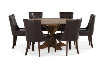 Lyon Spisegruppe 150 cm Rundt Mørkt Træ med 6 Tuva Stole - Vintage Elm / Brun PU - Møbler - Borde - Spisebordssæt