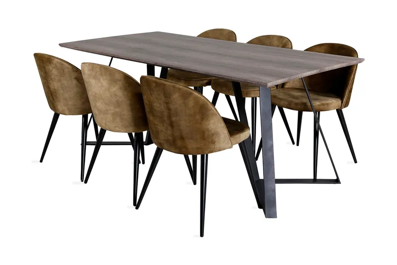 Malvina Spisebordssæt 180 cm inkl 6 Sedavi Stole, Grå/Sort/Messing