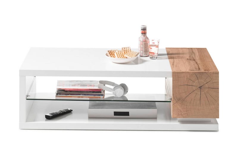 Manisa Sofabord 120 cm med Opbevaring Hylde - Glas/Natur/Hvid - Sofabord