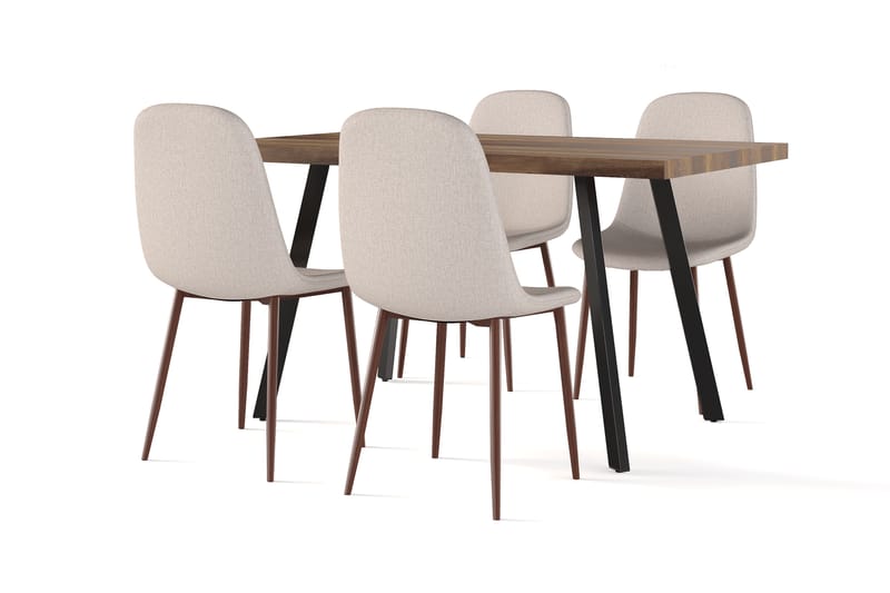 Marcelen Spisebord Udtræksbord med tillægsplade + 4 stk Nibe stol beige med valnøddeben, Brun/Beige
