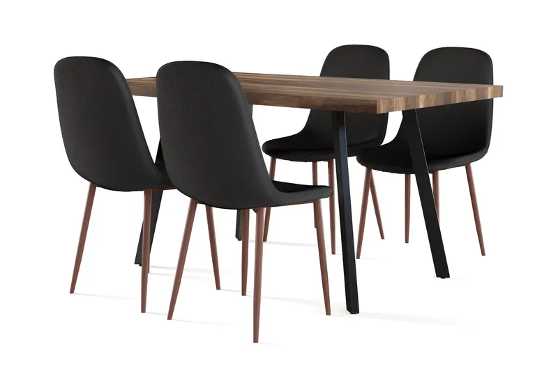 Marcelen Spisebord Udtræksbord med tillægsplade + 4 stk Nibe stol sort med valnøddeben, Brun/Sort