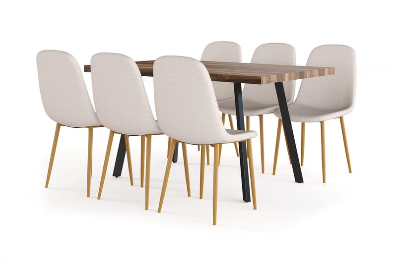 Marcelen Spisebord Udtræksbord med tillægsplade + 6 stk Nibe stol beige med egetræben, Brun/Beige