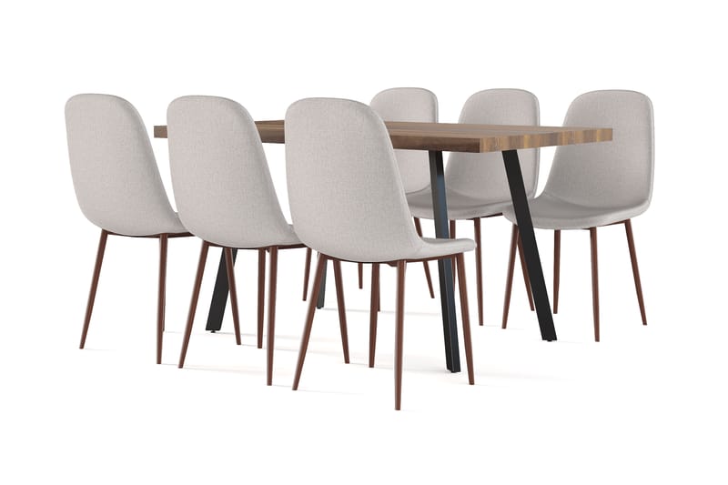Marcelen Spisebord Udtræksbord med tillægsplade + 6 stk Nibe stol beige med valnøddeben, Brun/Beige