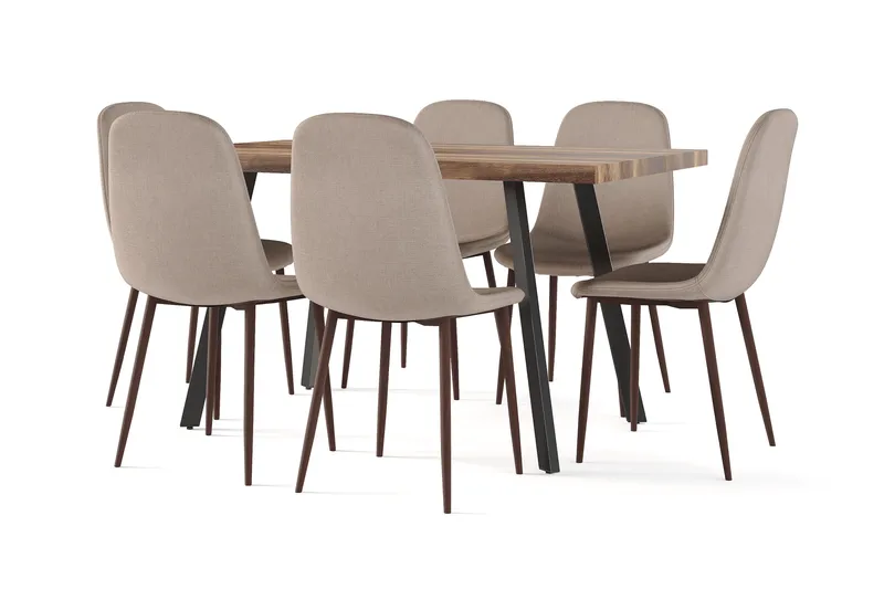 Marcelen Spisebord Udtræksbord med tillægsplade + 6 stk Nibe stol brun med valnøddeben, Brun