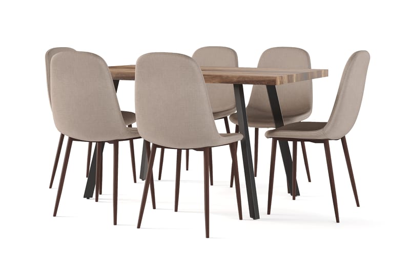 Marcelen Spisebord Udtræksbord med tillægsplade + 6 stk Nibe stol brun med valnøddeben, Brun