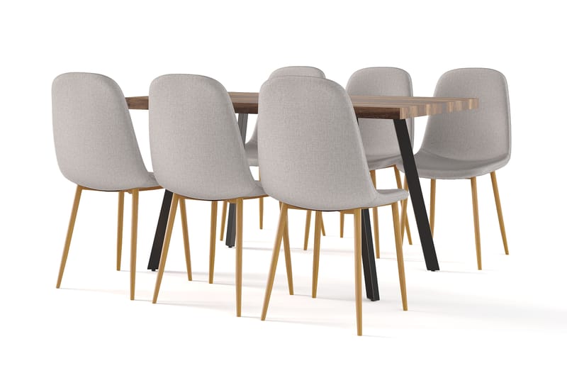 Marcelen Spisebord Udtræksbord med tillægsplade + 6 stk Nibe stol grå med egetræben, Brun/Grå