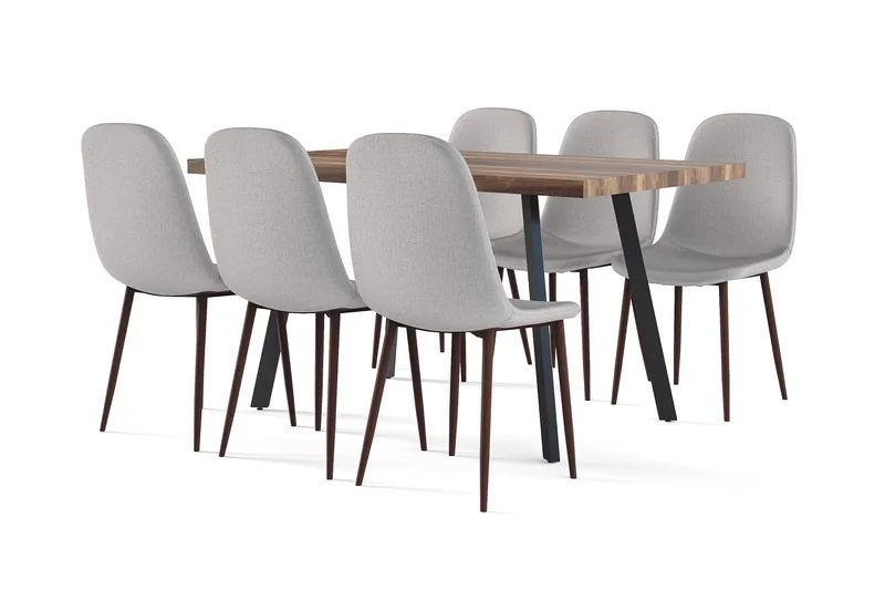 Marcelen Spisebord Udtræksbord med tillægsplade + 6 stk Nibe stol grå med valnøddeben, Brun/Grå