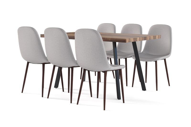 Marcelen Spisebord Udtræksbord med tillægsplade + 6 stk Nibe stol grå med valnøddeben, Brun/Grå