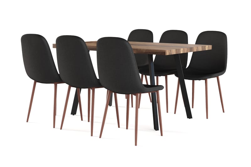 Marcelen Spisebord Udtræksbord med tillægsplade + 6 stk Nibe stol sort med valnøddeben, Brun/Sort