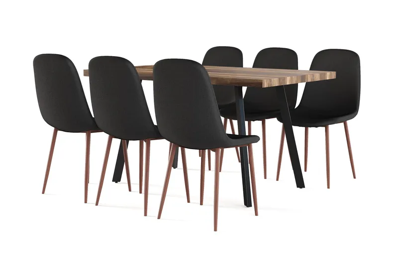Marcelen Spisebord Udtræksbord med tillægsplade + 6 stk Nibe stol sort med valnøddeben, Brun/Sort