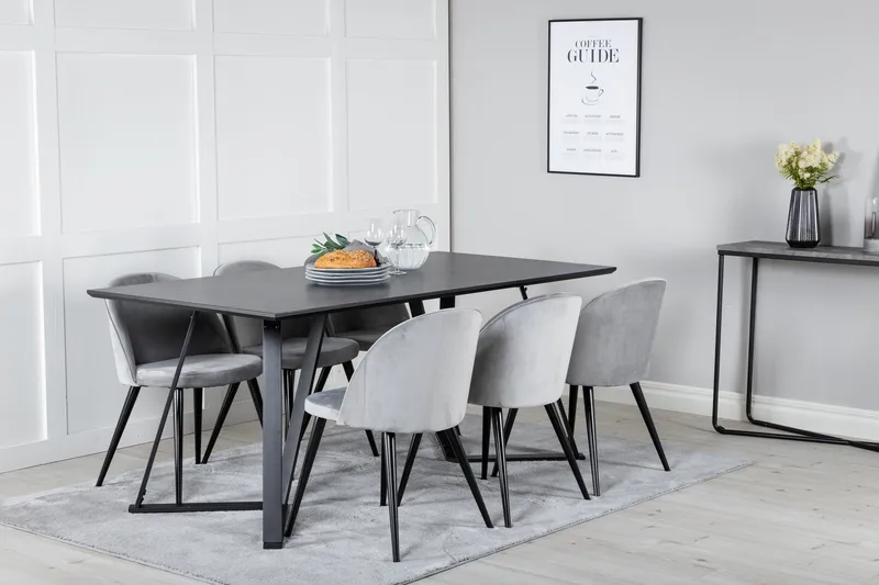 Marina Spisebordssæt 180 cm Rektangulær med 6 Velvet Stole - Svart - Møbler - Borde - Spisebordssæt