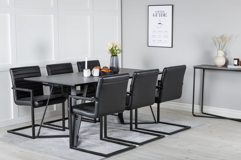 Marina Spisegruppe 180 cm Rektangulær med 6 Art Stole - Sort - Møbler - Borde - Spisebordssæt