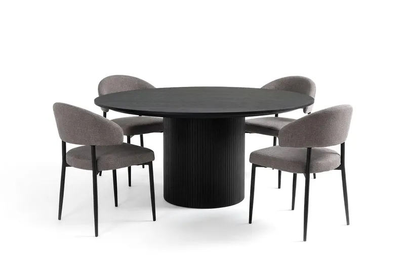 Matgrupp Bark Kopparbo Runt Stort Matbord 180 cm Svart med 4 Sawako Greige Stolar Sort|Greige, undefined