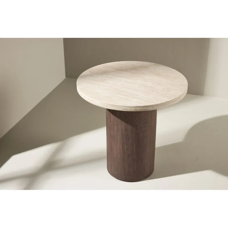 Megg 50 cm Rundt Sofabord i Sten med Træunderstel - Beige - Møbler - Borde - Sofabord