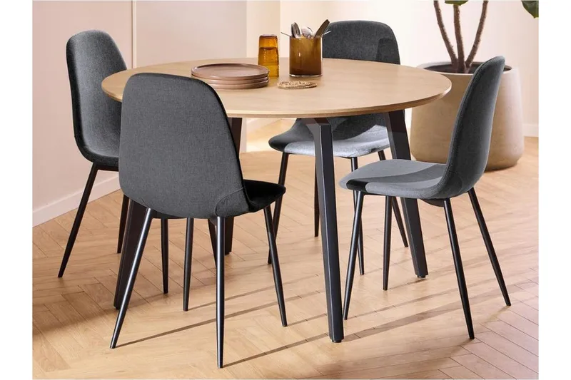 Motona Spisegruppe Rund 120 Cm + 4 Salaman Spisestuestole, Grå/Sort