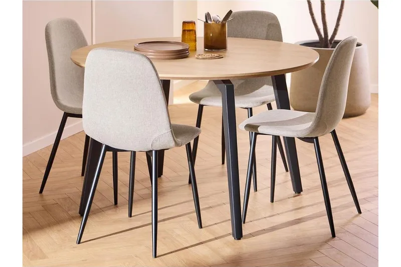 Motona Spisegruppe Rund 120 Cm + 4 Salaman Spisestuestole, Sort/Beige