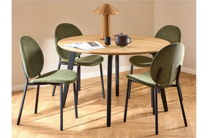 Motona Spisegruppe Rund 120 Cm + 4 Toroni Spisestuestole, Sort/Grøn